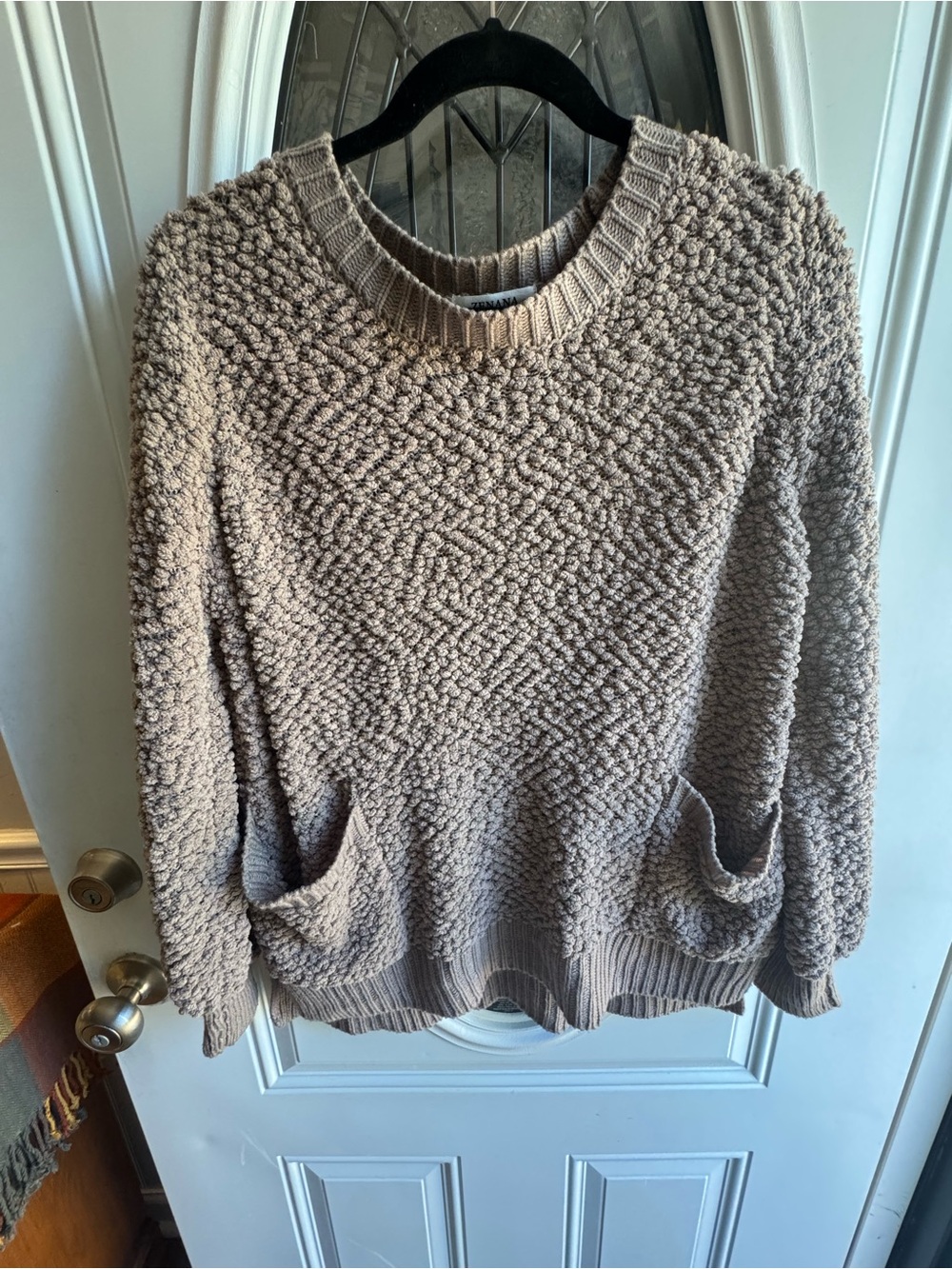 Zenana XS Taupe Textured Popcorn Knit Sweater Front Pockets Oversized
